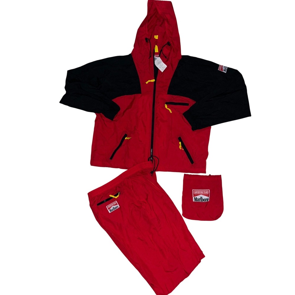 Vintage Marlboro Adventure Team Red Black Nylon Track Suit Jacket Pants Set XL